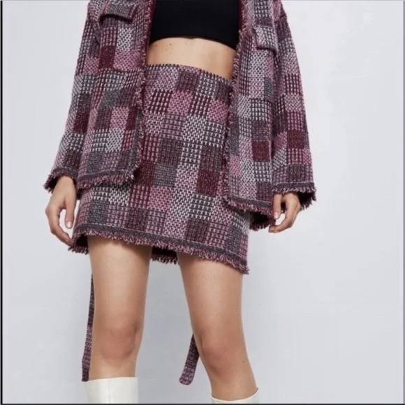 Zara Skirts Zara Check Knit Mini Fringed Hem Skirt Size S